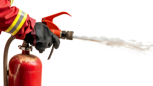 Red fire extinguisher isolated on transparent background. Emergency flame danger firefighter rescue equipment, metal container with hose, fireman protection object, tool, foam, hazard, prevention