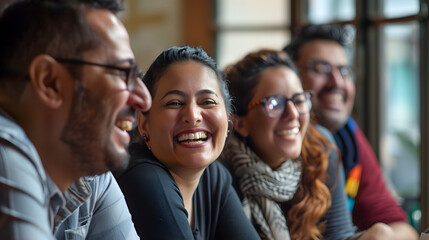 A group of friends laughing and enjoying each other's company, seated in a cozy indoor setting.