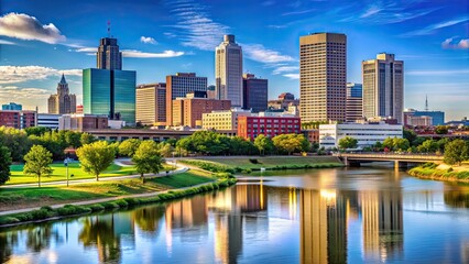 Naklejka premium Omaha, Nebraska skyline overlooking the Missouri River, Omaha, Nebraska, USA, skyline, city, downtown