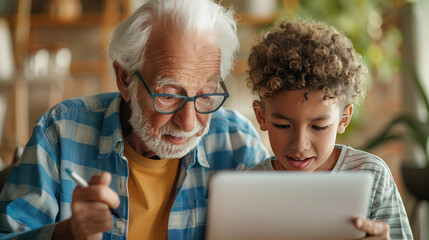 A hyper-detailed image showcasing a senior citizen sharing tech knowledge with youth, highlighting valuable intergenerational connections and learning moments.