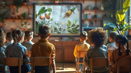 A classroom of children attentively watching a nature presentation on a screen, learning about plants and wildlife. Bright, educational setting.