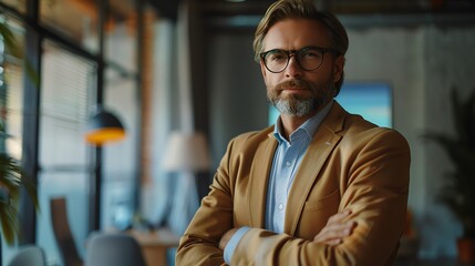 Fototapeta premium Confident businessman in a stylish office setting, wearing glasses and a brown blazer with arms crossed. Professional and sophisticated atmosphere.