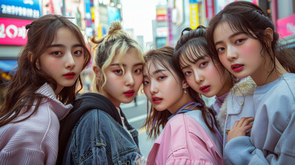 Obraz premium Student life on the streets of Korea. Selfies against the backdrop of urban beauty. 