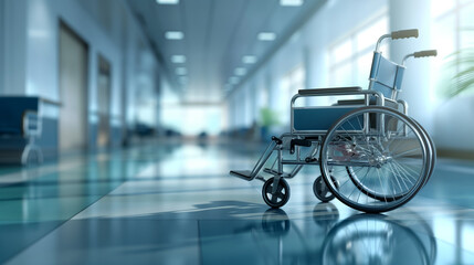 Wheelchair in a modern hospital corridor: symbol of accessibility, mobility, and healthcare support in a medical facility. Ideal for concepts of patient care, recovery, and rehabilitation.