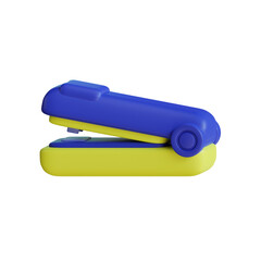 Yellow and blue handheld portable staple less stapler for school, home, or office use on a black background.