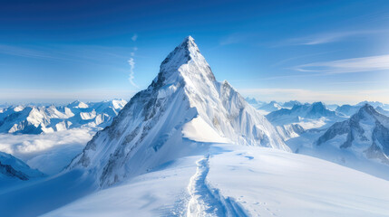 Fototapeta premium Ultra clear aerial shot showcasing climbers on a majestic snow-capped mountain peak, capturing dramatic shadows and stunning alpine scenery.