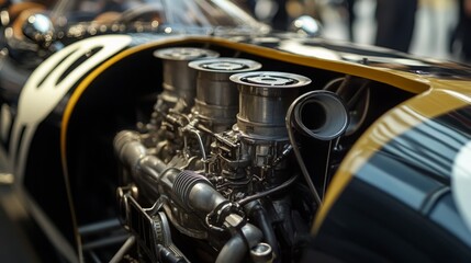 Obraz premium A detailed view of a vintage racing car engine showcasing polished chrome components and intricate machinery during an automotive exhibition.