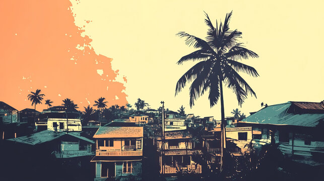 Risograph current riso print travel poster, card, wallpaper or banner illustration, modern, isolated, clear, simple of Sittwe, Myanmar. Artistic, screen printing, stencil