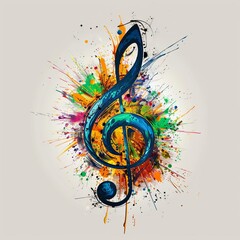 Fototapeta premium Grunge vector background with abstract treble clef shape and scattered musical notes as decorative melody element