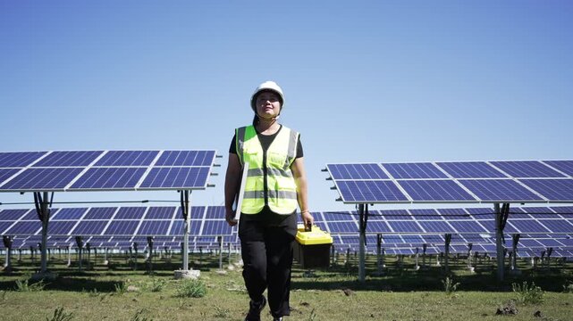 female technician working in solar power station