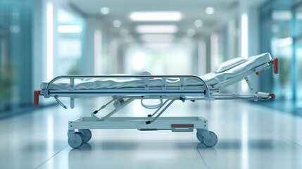 Fototapeta premium Medical gurney in an empty hospital hallway with blurred background, symbolizing healthcare, emergency, and patient care during a crisis