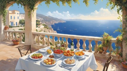 Obraz premium lunch on the terrace overlooking the Mediterranean Sea