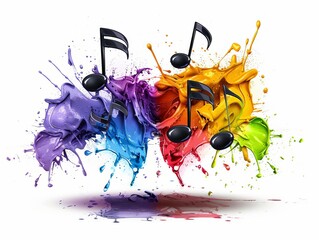 Naklejka premium Music notes bursting with vibrant paint splatters, vector art, no backdrop