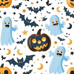 Halloween seamless pattern with cheerful ghosts, spooky pumpkins, bats, and crescent moons on a white background