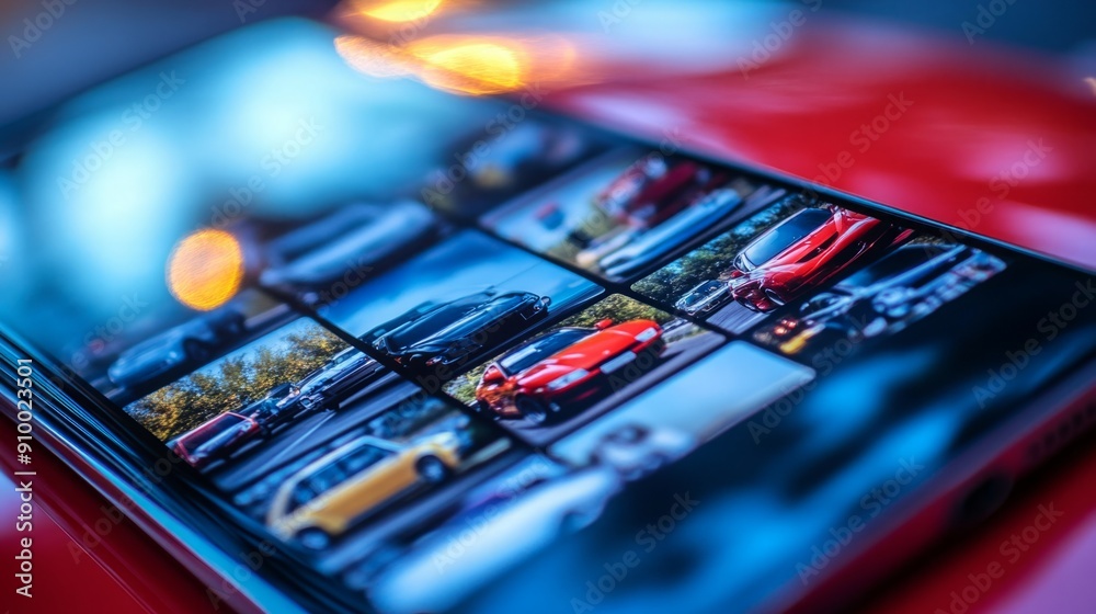 Aufkleber A smartphone shows a grid of various car models, illuminated by soft ambient light, highlighting their vibrant colors and designs.