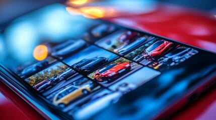 A smartphone shows a grid of various car models, illuminated by soft ambient light, highlighting their vibrant colors and designs.