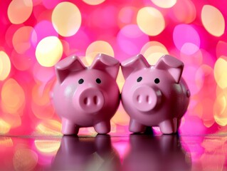 Piggy Bank Couple: A pair of pink piggy banks stand side-by-side against a backdrop of pink and yellow bokeh lights, symbolizing partnership, savings, and financial security.