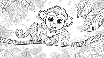 Fototapeta premium A black and white coloring page illustration of a smiling baby monkey hanging on a tree branch in the jungle, surrounded by leaves.