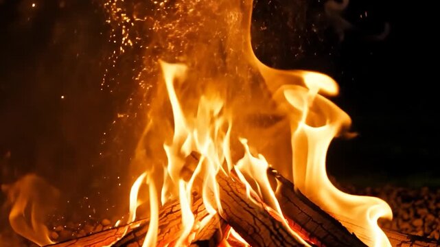 Flames flicker and glow brightly as logs burn in a cozy campfire during a tranquil night in the wilderness