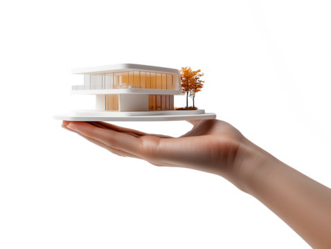 A person gently holds a meticulously crafted architectural model showcasing a modern building design. The model includes trees and intricate details, emphasizing the blend of nature with innovative ar - Powered by Adobe