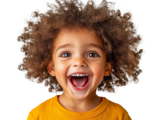 A joyful young child with vibrant, curly hair beams with excitement, showcasing their bright smile. Wearing a cheerful yellow shirt, the child embodies pure happiness and innocence in a simple, clean 