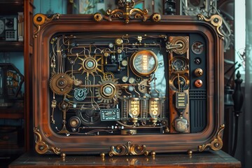 vintage television reimagined as steampunk art piece brass gears and copper wires patina finish glowing vacuum tubes ornate victorianinspired frame antique wood grain