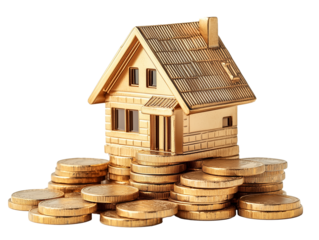 Golden house model surrounded by stacked coins symbolizing real estate investment 