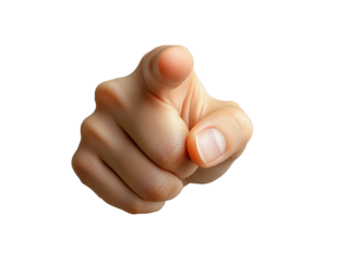 Hand pointing directly at the viewer in a brightly lit studio environment