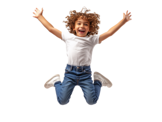 Joyful young child jumping high with excitement in bright indoor setting