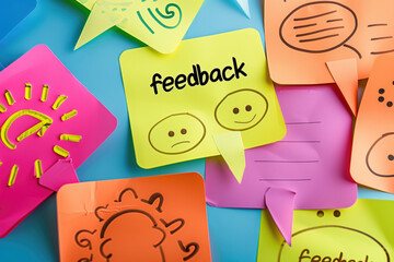 Colorful sticky notes with drawings and feedback text on a vibrant background. Concepts of communication, expressions, and feedback gathering.