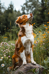 A brown and white dog sitting on a rock in a field of flowers