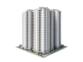 Modern high-rise apartment building surrounded by green spaces in urban area