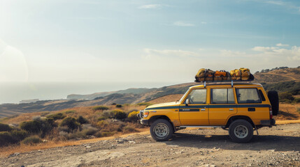 Fototapeta premium A rugged yellow 4x4 vehicle, equipped for adventure, stands on a cliffside overlooking a sweeping coastal landscape under a bright sky.