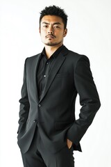 Fototapeta premium Bearded man in black suit standing against white backdrop