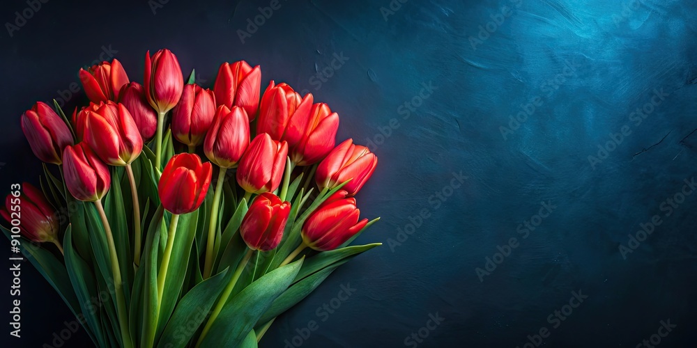 Sticker Bouquet of red tulips on a dark blue background, tulips, flowers, bouquet, red, dark blue, vibrant, fresh, nature