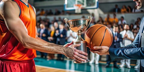 A basketball player receives a prestigious golden trophy from a distinguished official, marking a momentous win inside a crowded and energetic arena.