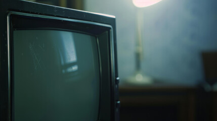 An old, scratched television in a dark room illuminated by a soft bedside lamp, evoking a sense of nostalgia.