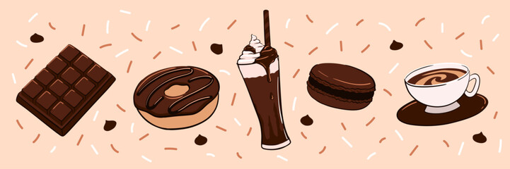 Chocolate foods and drinks set vector illustration