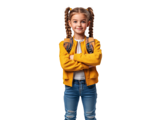Young girl with braided hair and backpack posing confidently in casual attire against plain background. School concept.