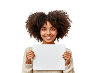 Young woman with curly hair holding blank sign in studio setting