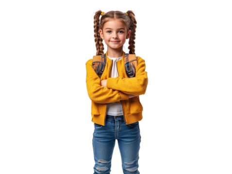 Young girl with braided hair and backpack posing confidently in casual attire against plain background. School concept.