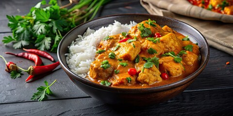 Hot chicken curry with parsley on top in dark bowl with rice, spicy, Indian cuisine, dinner, delicious, homemade