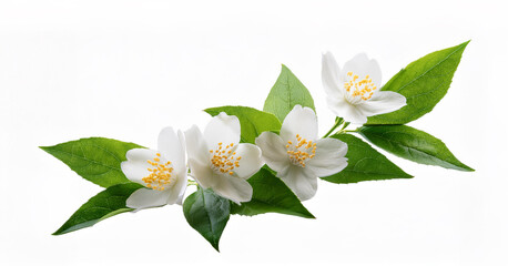 Obraz premium Jasmine flowers with green leaves isolated on a white background. isolated 