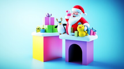 Cheerful Santa Claus with penguin and yellow toy delivering Christmas gifts.