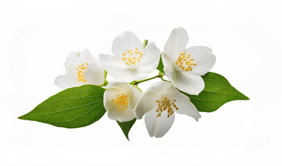 Obraz premium Jasmine flowers with green leaves isolated on a white background. isolated 