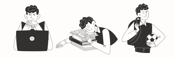 Set of diverse school children in black and white illustration