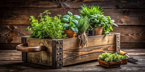 Rustic wooden chest for herb potting , herbs, pots, gardening, rustic, wooden, chest, farmhouse, homestead