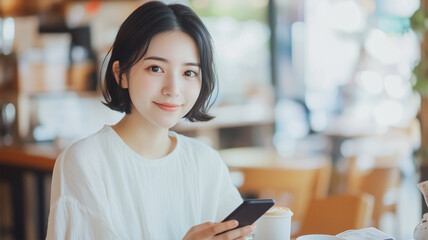 カフェで微笑む若い女性