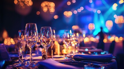 Elegant dining table set with crystal glasses and plates under warm bokeh lights at night event. Concepts of luxury, celebration, fine dining, and festive gatherings