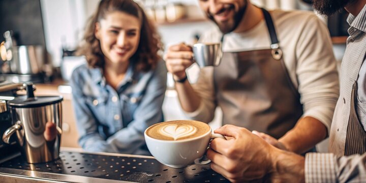 A warm and inviting coffee shop scene featuring a beautifully crafted latte in the foreground as baristas and customers engage in friendly conversations in the background. 